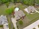 Aerial view of a large property featuring a swimming pool, lush landscaping, and multiple homes with ample space at 6512 Southern Times Dr, Raleigh, NC 27603