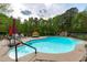Lush backyard featuring a beautiful pool, patio furniture, and mature trees at 6512 Southern Times Dr, Raleigh, NC 27603