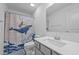Bathroom with neutral walls, grey vanity, and a shower-tub combination with a cat and whale shower curtain at 7205 Tillage Rd, Mebane, NC 27302