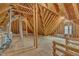 Unfinished attic space showing exposed wooden beams, insulation, and plywood subfloor at 8022 Hogan Dr, Wake Forest, NC 27587