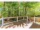 Wooden deck with a railing and stairs, surrounded by lush greenery and trees, offering privacy at 8212 Duck Creek Dr, Raleigh, NC 27616