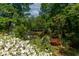 Scenic view of the water, dock and backyard featuring vibrant flowers and lush trees at 959 Sagamore Dr, Louisburg, NC 27549