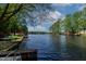 Gorgeous lake view with private dock surrounded by mature trees and clear blue skies at 959 Sagamore Dr, Louisburg, NC 27549