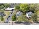 An aerial view reveals a charming home nestled among verdant trees in a serene neighborhood at 104 E Wilson St, Mebane, NC 27302