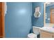 Cozy bathroom features a toilet, mirror, sink, and blue walls at 1140 Buttercup Ln, Wake Forest, NC 27587