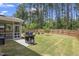 Spacious backyard with green lawn, screen porch, grill, wooden fence, and lush trees at 126 Elmsford St, Durham, NC 27703
