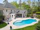 Aerial view of an estate featuring an in-ground pool, brick patio, and lush landscaping, creating a private oasis at 16106 Morehead, Chapel Hill, NC 27517