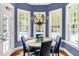 Bright dining area with blue chairs, a round table, and views of the pool outside the large windows at 16106 Morehead, Chapel Hill, NC 27517