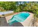 Overhead pool view surrounded by trees, partially fenced with concrete and some grass at 1624 Cone Ave, Apex, NC 27502