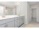 Modern bathroom featuring double sinks, sleek gray cabinetry, and a glass-enclosed shower for a spa-like experience at 217 Braeburn Dr, Graham, NC 27253