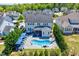 Aerial view of backyard showcasing a pool, patio, and home exterior at 3205 Silver Ore Ct, Wake Forest, NC 27587