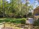 Backyard view features a wooden deck, fenced yard, and mature trees at 4533 Wood Valley Dr, Raleigh, NC 27613