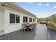 Al fresco dining is easy on this back deck with table, chairs and umbrella at 6024 Lunenburg Dr, Raleigh, NC 27603