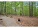 Landscaped yard with a tree lined perimeter and a gravel pathway at 673 Brookview Dr, Chapel Hill, NC 27514