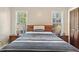 Cozy bedroom featuring a queen-size bed, wood furnishings, and natural light from two windows at 918 Albany Ct, Raleigh, NC 27615