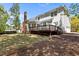 Expansive backyard with a large wooden deck, brick chimney, and lush green lawn at 103 Ticonderoga Rd, Cary, NC 27519