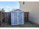 A backyard shed with a gray color and white trim stands against a wood fence at 138 Horizon Trl, Garner, NC 27529