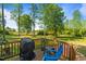Backyard deck with grill and seating, overlooking the lush backyard at 308 Thorndale Dr, Dunn, NC 28334