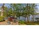 Relaxing patio area offering serene lake views surrounded by mature trees, making it a perfect outdoor retreat at 373 & 375 Sagamore Dr, Louisburg, NC 27549