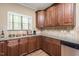 Granite countertops and dark wood cabinets, creating a functional cooking area with modern appliances and backsplash tiles at 4057 Mackenzie Dr, Haw River, NC 27258