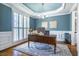 Bright home office featuring custom shutters, wainscoting, hardwood floors and blue accent walls at 658 Bennett Mountain Trce, Chapel Hill, NC 27516