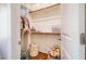 Well-organized walk-in closet with shelves and storage baskets for ' clothes and toys at 658 Bennett Mountain Trce, Chapel Hill, NC 27516