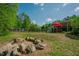 Spacious backyard featuring a stone fire pit and pool offering serene outdoor relaxation and entertainment at 7955 Midnight Ln, Wake Forest, NC 27587