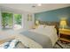 Inviting bedroom with a queen-size bed, blue accent wall, and a large window showcasing a wooded view at 7955 Midnight Ln, Wake Forest, NC 27587
