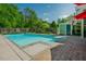 Inviting backyard pool with brick patio, convenient pool house, surrounded by lush greenery at 7955 Midnight Ln, Wake Forest, NC 27587