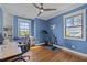 This blue bedroom includes an exercise bike, desk, and built-in shelving at 1312 Lancaster St, Durham, NC 27701