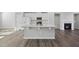 Modern white kitchen featuring a central island, fireplace, and stainless steel appliances at 1335 Herb Garden Way, Apex, NC 27502
