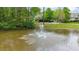 Tranquil pond featuring a fountain, surrounded by green lawns and shady trees in a peaceful setting at 144 Cobble Ridge Dr, Pittsboro, NC 27312