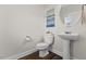 Elegant powder room featuring a pedestal sink, stylish mirror, and modern fixtures at 166 Old Field Loop Loop, Sanford, NC 27332