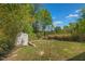 Large backyard featuring white shed and abundant trees and greenery at 1804 N Alston Ave, Durham, NC 27701