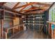 Inside view of shed featuring built-in shelving, workbench, and wooden floors, ready for various projects at 1804 N Alston Ave, Durham, NC 27701