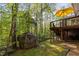 Tranquil backyard with lush greenery, mature trees, and a stone outcropping near the deck at 195 Nicks W Bnd, Pittsboro, NC 27312