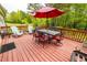 Spacious back deck with red umbrella, dining set, and outdoor seating; perfect for entertaining at 201 Lexington Park Dr, Oxford, NC 27565