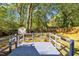 Blue wooden deck with a view of the backyard, trees, shed, and privacy fence at 3116 Henslowe Dr, Raleigh, NC 27603