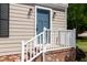 Close-up of the blue front door with white trim and stairs leading to front door at 3317 E Jameson Rd, Raleigh, NC 27604