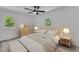 Cozy bedroom with natural light, ceiling fan, and decorative side tables at 419 Joy Dr, Garner, NC 27529