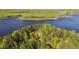 Scenic aerial view of a lakefront home nestled among green trees at 4500 Governor Hunt St, Efland, NC 27243