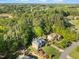 Beautiful aerial view of landscaped lawns and a lovely brick home nestled in a lush, green, wooded neighborhood at 5016 Dillswood Ln, Raleigh, NC 27606