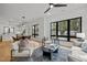 Open-concept living room with hardwood floors, large windows, and modern decor at 512 Edgecreek Ct, Raleigh, NC 27604