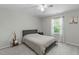 Comfortable bedroom features gray walls, carpet, a ceiling fan, and a window with a view at 712 Wellspring Dr, Holly Springs, NC 27540