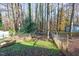 Fenced-in backyard with a verdant patch of grass, surrounded by trees with colorful fall leaves, offering a private outdoor space at 7324 Summerland Dr, Raleigh, NC 27612