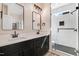 Bathroom featuring double vanity with granite countertop and large glass shower at 9200 Otter Ct, Middlesex, NC 27557