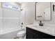 This bathroom features a shower-tub combo, a sleek black vanity, and modern fixtures at 9200 Otter Ct, Middlesex, NC 27557