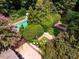 Overhead photo displays the pool, garden, and manicured landscaping at 102 Antler Point Rd, Chapel Hill, NC 27516