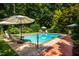 Private in-ground pool is surrounded by lush landscaping and lounge seating at 102 Antler Point Rd, Chapel Hill, NC 27516