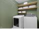 Well-organized laundry room with modern washer and dryer and shelving providing ample storage at 110 Chapelwood Way, Cary, NC 27518